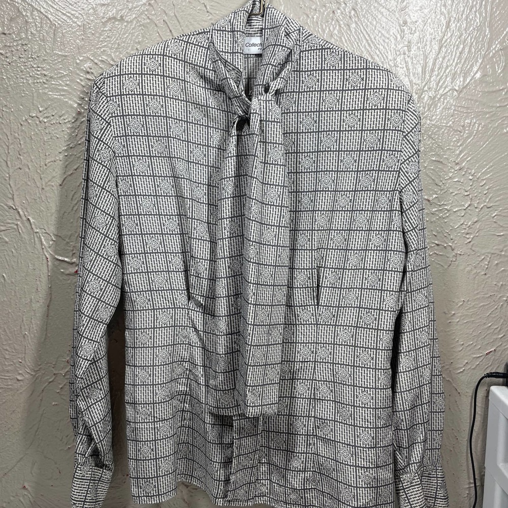 JH Collectibles White Long Sleeve Tie Neckline Windowpane Check Blouse Petite 2